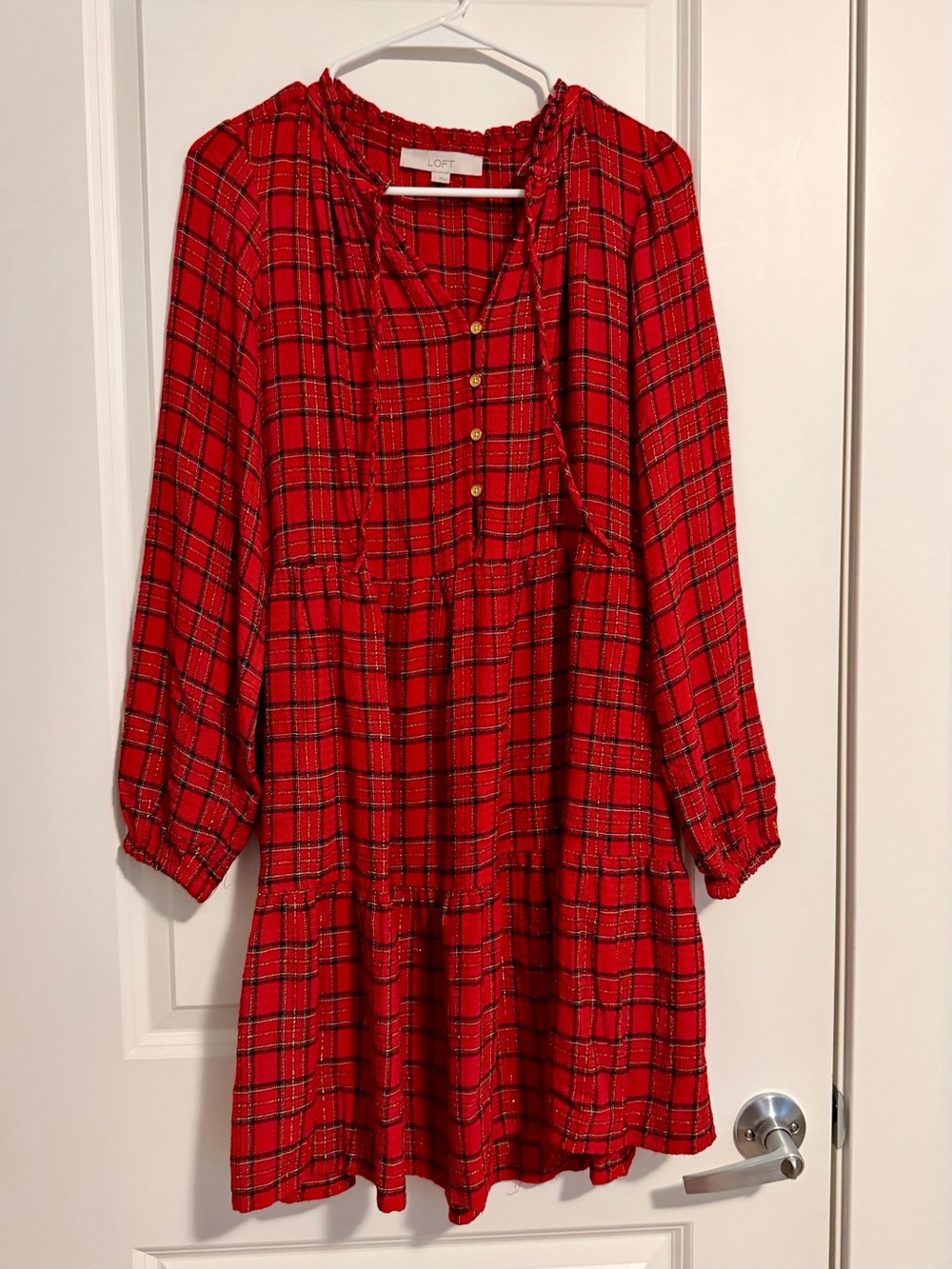 LOFT Red Plaid Long-Sleeve Tiered Button Dress